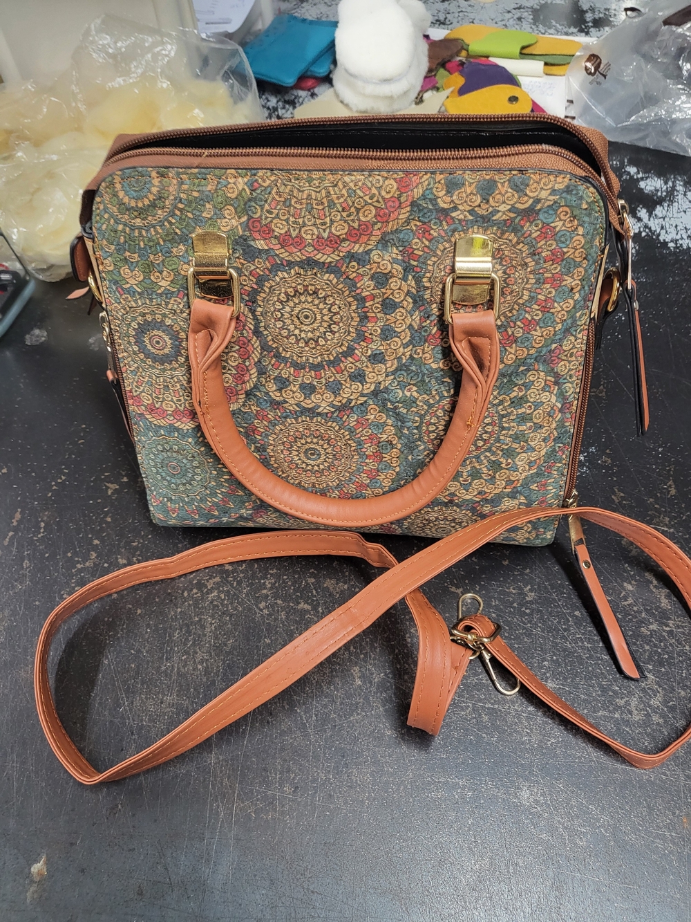 Tapestry Mandala Satchel Handbag in Brown and Green